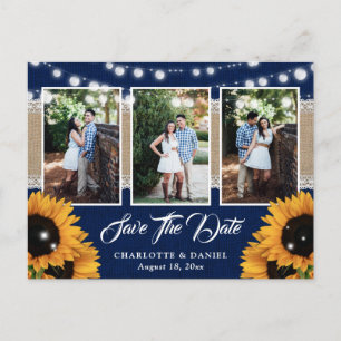 Navy Blaue Jute-Lace-Sonnenblumen-Foto-Collage Ankündigungspostkarte