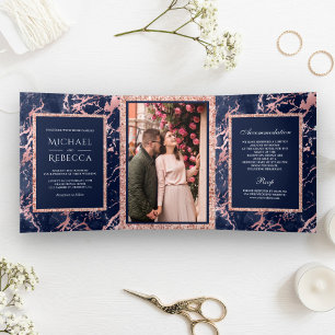 Navy Blaue Marmor-Roségold-Glitzer-Foto-Hochzeit Dreifach Gefaltete Einladung