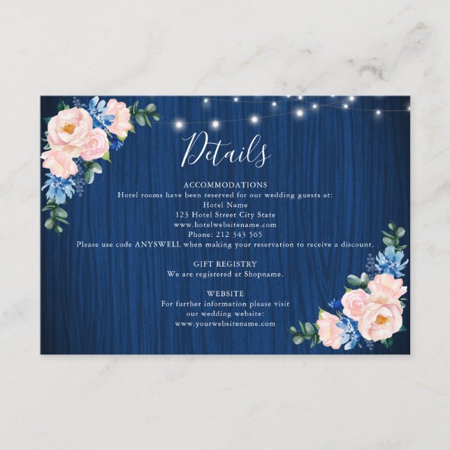 Navy Blaue Rosa String-Lichter Hochzeitsdetails Begleitkarte (Vorderseite)