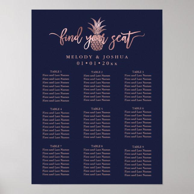 NAVY BLAUE ROSE GOLD PINEAPPLE SITZENCHARTA POSTER (Vorne)