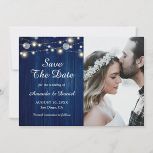 Navy blaue, rustikale Holzleuchten heiraten das Da Ankündigung