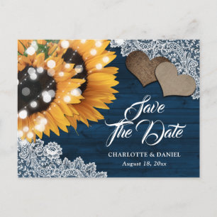 Navy Blaue Sonnenblume Holz Hochzeit Termin merken Ankündigungspostkarte