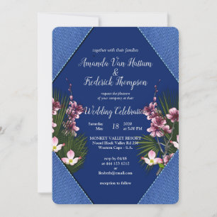 Navy - Blaue und rosa Blumen Hochzeit Einladung