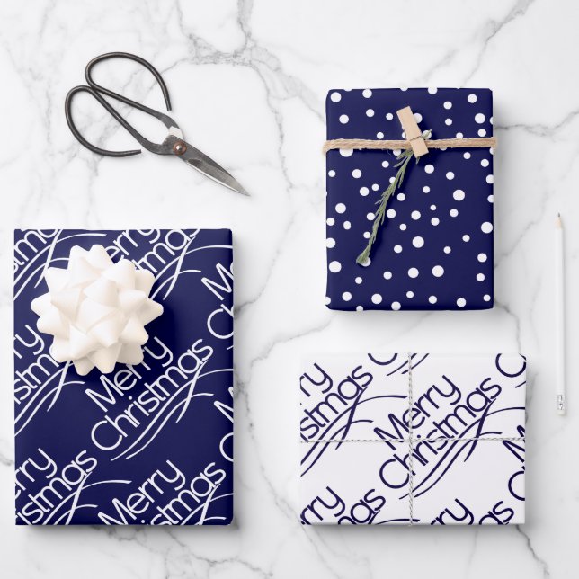 Navy blaue Weihnachtstypografie und dots Urlaub Wr Geschenkpapier Set (Vorderseite)