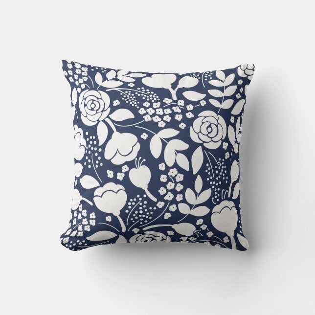 Navy blauen Blumen 2 Gesichter Throw Kissen (Vorderseite)