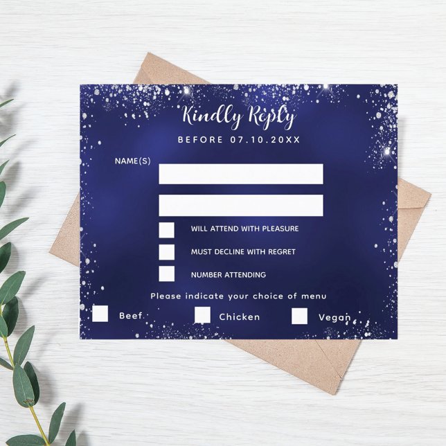 Navy blauen Silber Menü wählt Hochzeit RSVP Karte (Von Creator hochgeladen)