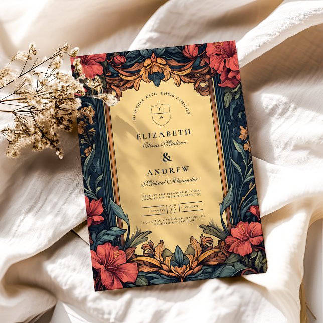 Navy Blauer Blumenzelt Art Nouveau Einladung (Von Creator hochgeladen)