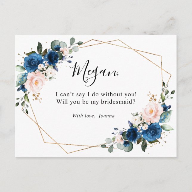 Navy Blauer Blütenschwarm wird meine Bridesmaid se Postkarte (Vorderseite)
