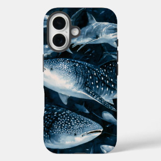 Navy-Blauer-Hai- und Mantarochen-Ozean-iPhone-Hüll iPhone 16 Hülle