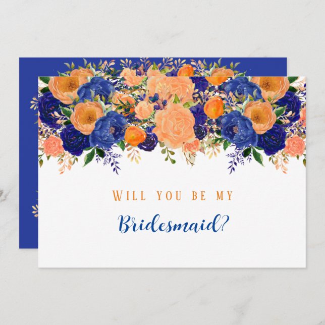 Navy blauer Orangenblumen wirst du meine Bridesmai Einladung (Vorne/Hinten)
