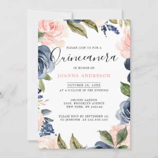 Navy Blauer Rosa Rose Quinceanera Einladung