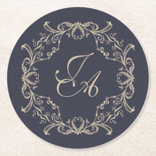 Navy Blaues Barock-Monogramm-Hochzeitsuntersetzer Runder Pappuntersetzer