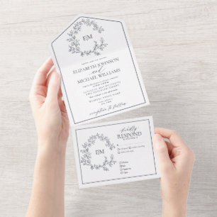 Navy Blaues Blätter-Monogramm Hochzeit All In One Einladung