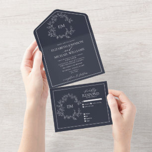 Navy Blaues Blätterranken-Monogramm Hochzeit All In One Einladung