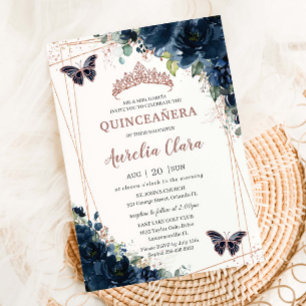 Navy Blaues Blumen-Quinceañera-Rose-Gold-Blumenmus Einladung