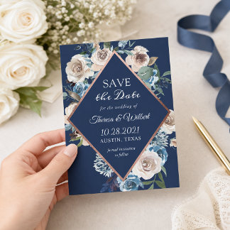 Navy-Blaues Blumen-Roségold-Hochzeit-Einladung Vor Save The Date