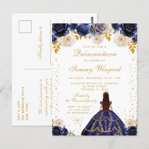 Navy Blaues Blumenprinzessin Quinceañera Postkarte