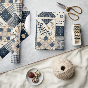Navy Blaues Creme-Quilt-Gingham-Cottagecore-Blumen Geschenkpapier