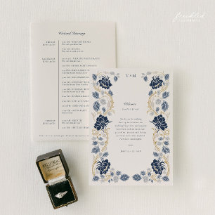 Navy Blaues Florales Jugendstil-Hochzeitsprogramm Einladung