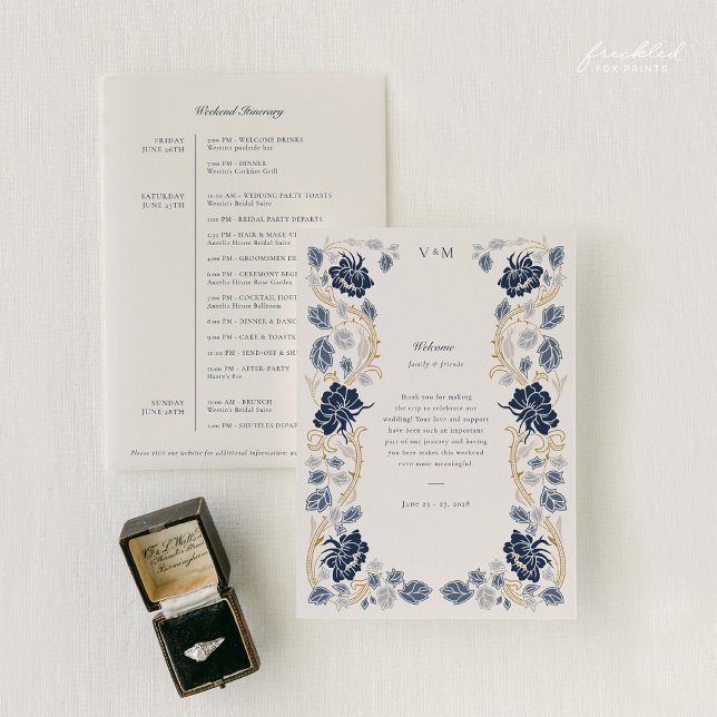 Navy Blaues Florales Jugendstil-Hochzeitsprogramm Einladung (Navy Blue and Gold Art Nouveau Wedding Welcome and Weekend Itinerary Card)