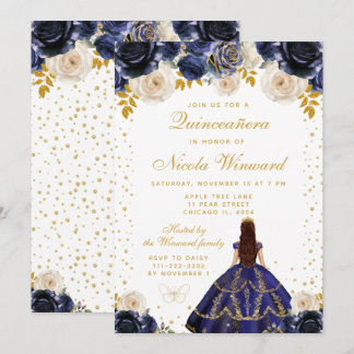 Navy Blaues Florales Prinzessin Quinceañera Einladung