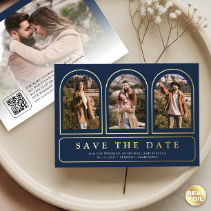 Navy Blaues Foto-QR-Code-Hochzeitstermin Folieneinladung