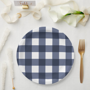Navy Blaues großes klassisches Gingham-Karo-Karo Pappteller