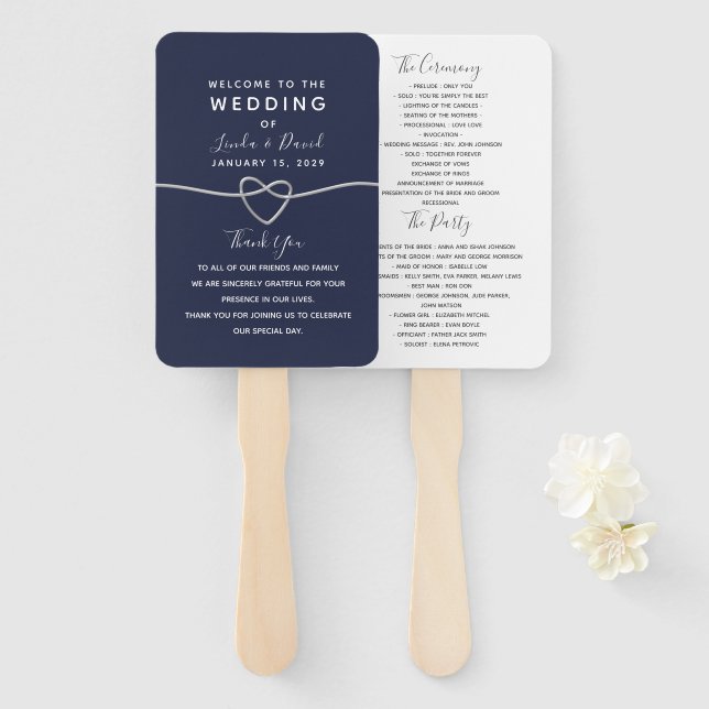 Navy Blaues Hochzeitsprogramm mit Schrift Fächer (Vorne und Hinten)