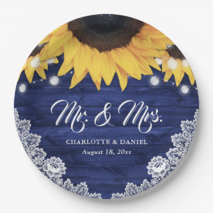 Navy Blaues Holz Blumen Spitze Sonnenblume Hochzei Pappteller