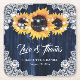Navy Blaues Holz-Lace-Sonnenblumen-Hochzeits-Danke Rechteckiger Pappuntersetzer