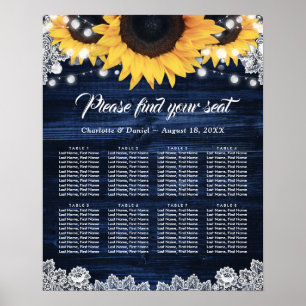 Navy Blaues Holz-Sonnenblumen-Hochzeits-Sitzplan 8 Poster
