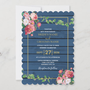 Navy Blaues Holz Vintage Rosa Rosen & Goldene Hoch Einladung