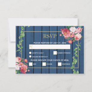 Navy Blaues Holz Vintage Rosa Rosen & Goldene Hoch RSVP Karte