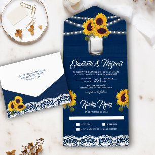 Navy Blaues Holzspitzen-Sonnenblumen-Mason-Glas-Ho All In One Einladung