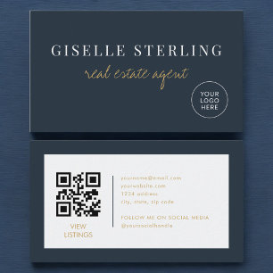 Navy Blaues Immobilienmakler-Logo QR Code Visitenkarte
