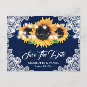 Navy Blaues Jute-Lace-Sonnenblumen-Save-the-Date Ankündigungspostkarte