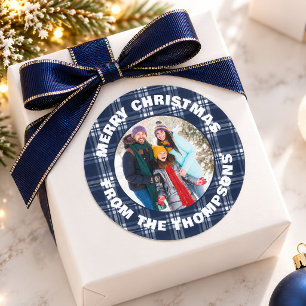 Navy Blaues Karo-Tartan Foto Frohe Weihnachten Runder Aufkleber