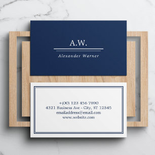 Navy Blaues Klassisches Monogramm & Name Visitenkarte