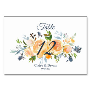 Navy Blaues Korallen-Wasserfarben-Blumen-Hochzeits Tischnummer