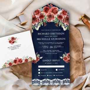 Navy Blaues Landhaus-Marsala-Blumen-Hochzeit All In One Einladung