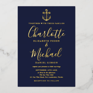 Navy Blaues nautisches Anker-Foto-Hochzeit Gold Folieneinladung