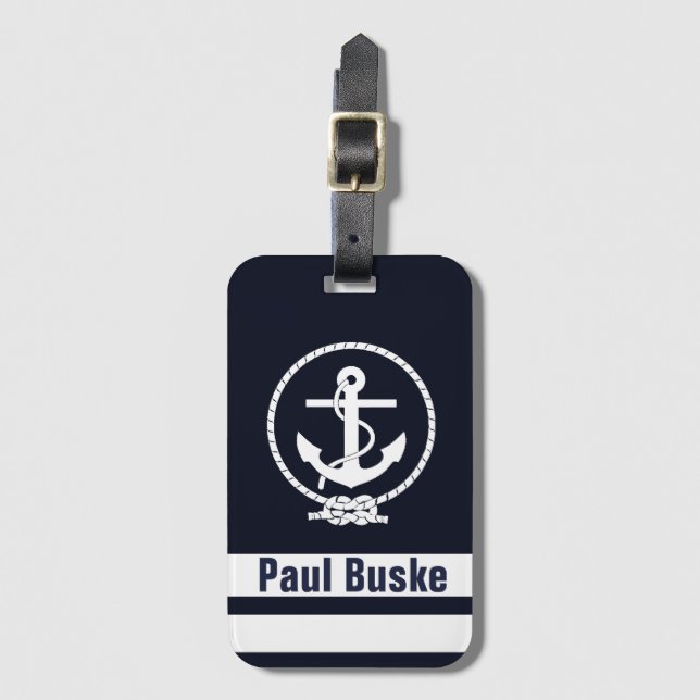 Navy Blaues nautisches Anker-Monogramm Gepäckanhänger (Vorderseite Vertikal)