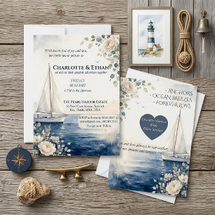 Navy Blaues Nautisches Segelboot Elfenbein Blumen Einladung