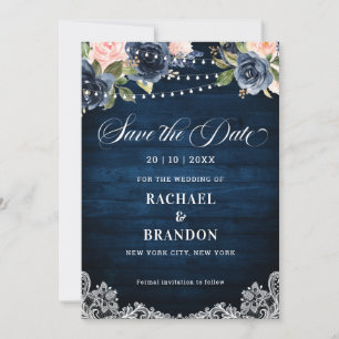 Navy Blaues Rouge Blumenkettenlicht Save the Date