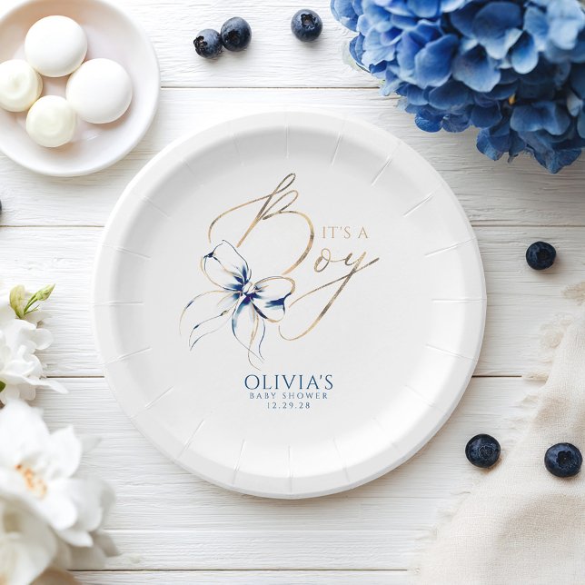 Navy Blaues Schleifchen It's a Boy Baby Shower Pappteller (Navy Blue and Gold Baby Shower Paper Plates)