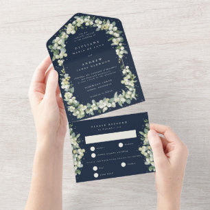 Navy Blaues Schneeball+Eukalyptus Winterhochzeit All In One Einladung
