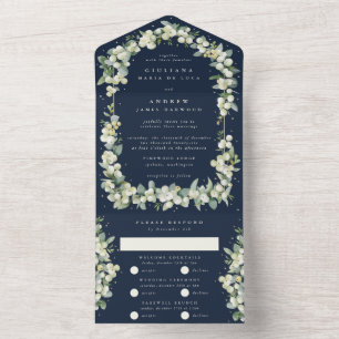 Navy Blaues Schneeball + Eukalyptus Winterhochzeit All In One Einladung