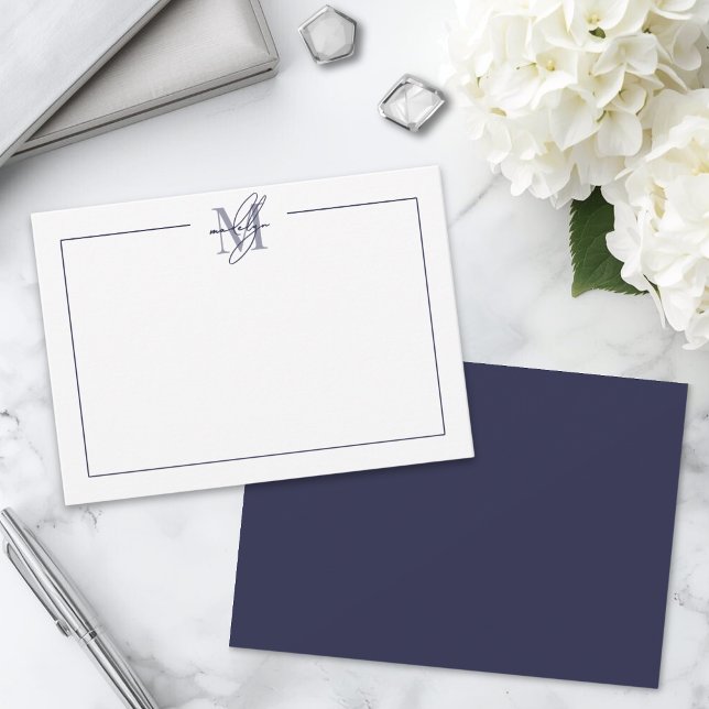 Navy Blaues Skript Minimalistisches Monogramm Mitteilungskarte (Navy Blue Simple Minimalist Name Monogram Note Card )