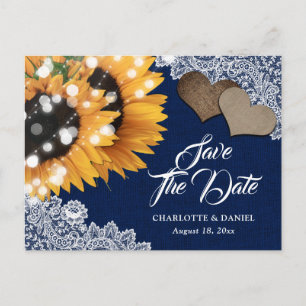 Navy Blaues Sonnenblumen-Jute-Hochzeit-Save The Da Ankündigungspostkarte