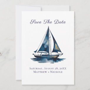 Navy Blaues und goldenes Segelboot - Nautische Hoc Save The Date